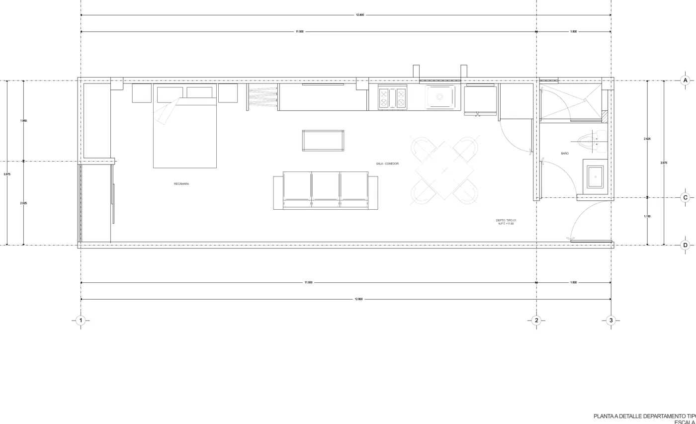 Plano del departamento de 1 recámara, 43.7 m²