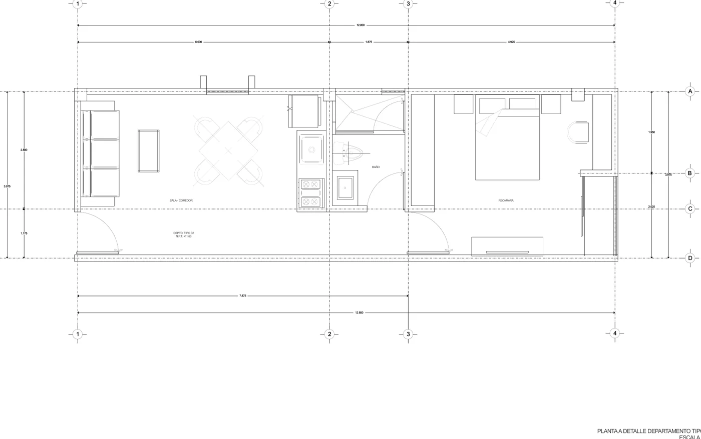 Plano del departamento de 1 recámara amplio, 54.2 m²