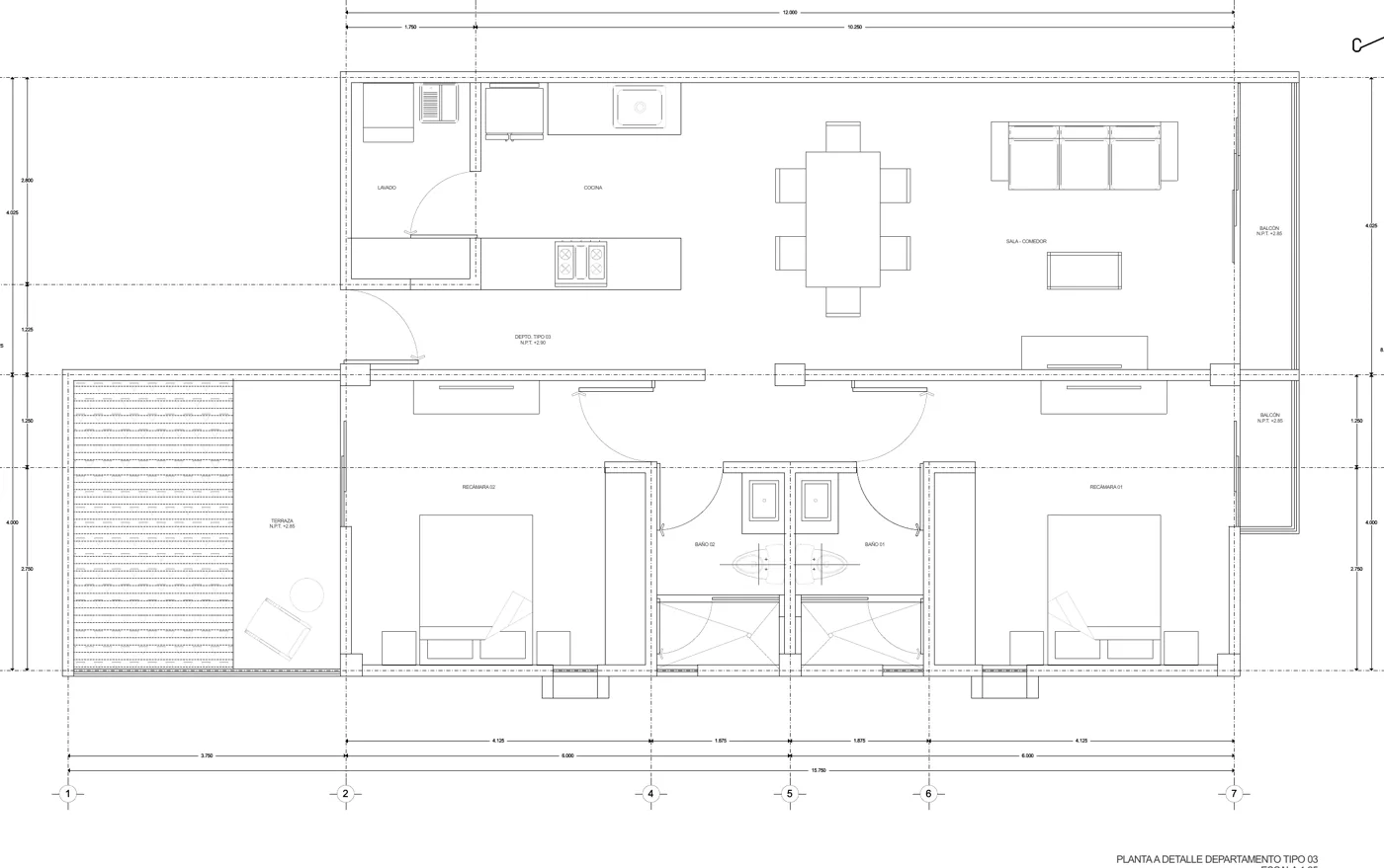 Plano del departamento de 2 recámaras con terraza, 82.3 m²